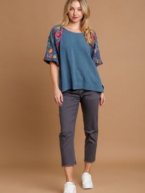 Umgee Embroidered Sleeve Top | NWT | Boho Floral | Teal | Sizes S M L